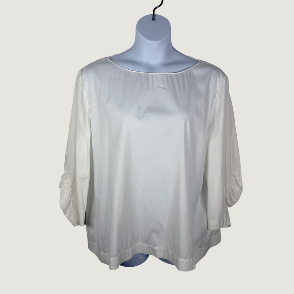 Lafayette 148 New York White Cotton Ruched Sleeve Blouse XXL Relaxed Minimalist